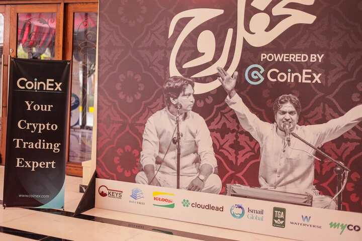 TEDx Clifton Qawali Night signage powered by CoinEx, the global cryptocurrency exchange brought in as title sponsor by CoinConnect, with CoinEx Ecosystem Overview pull-up banner displayed alongside