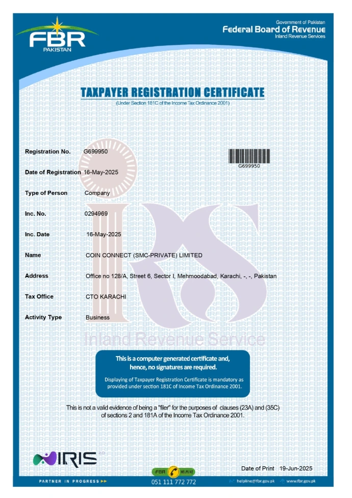 FBR Taxpayer Registration Certificate for COIN CONNECT (SMC-PRIVATE) LIMITED, National Tax Number G699950, issued under Section 181C of the Income Tax Ordinance 2001